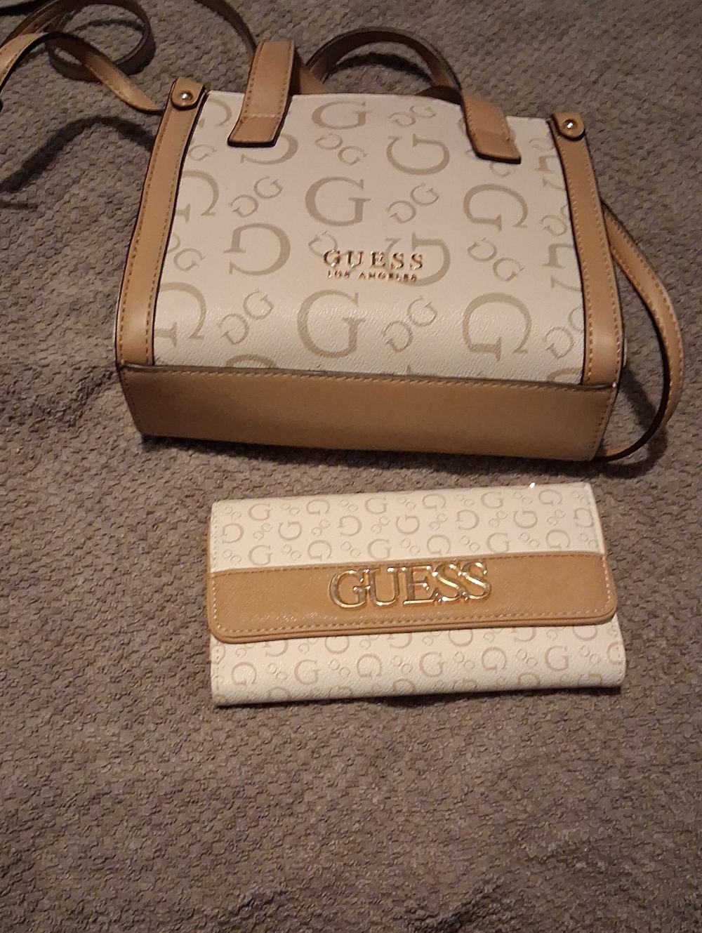 GUESS Cream and Tan Logo Crossbody Bag with Matching Wallet